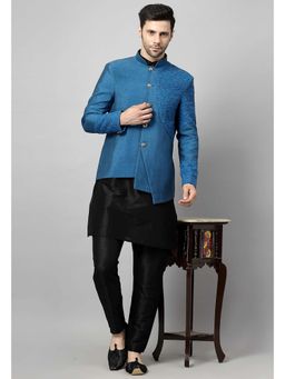 UTSAV FASHION - Men Teal Embroidered Dupion Silk Kurta and Pant with Jacket