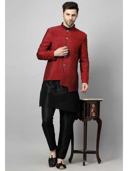 UTSAV FASHION - Men Red Embroidered Dupion Silk Kurta and Pant with Jacket