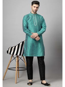 UTSAV FASHION - Teal Men Yoke Design Pleated Mirror Work Kurta and Pant