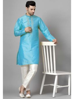UTSAV FASHION - Turquoise Mandarin Collar Beads and Stones Straight Kurta and Pant