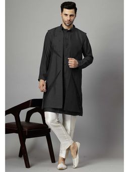 UTSAV FASHION - Black Dupion Silk Straight Kurta and Pant with Jacket