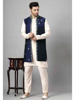 UTSAV FASHION - Men Navy Blue Beads and Stones Kurta with Pant and Jacket