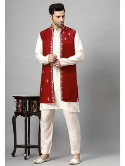 UTSAV FASHION - Men Red Beads and Stones Kurta with Pant and Jacket