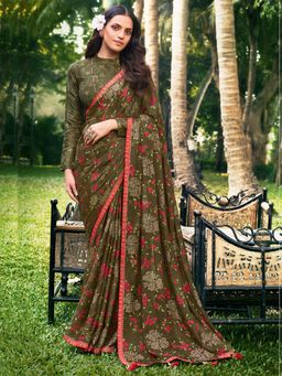 Odette - Womens Chiffon Olive Embellished Saree with Unstitched Blouse