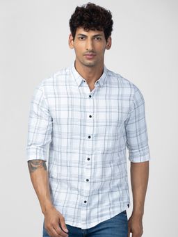 Spykar - Men White Cotton Slim Fit Checkered Shirt