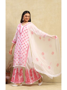 House of Chikankari - Pink Kurta with Inner, Palazzo and Dupatta (Set of 4)