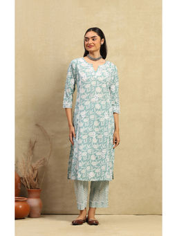 House of Chikankari - Green Cotton Chikankari Printed Women's Kurta with Pant (Set of 2)