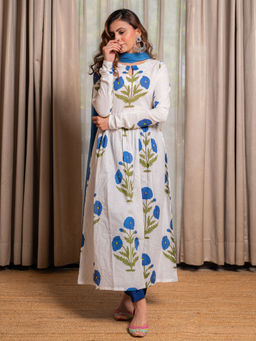 LABEL MAE - White Block Printed Anarkali with Pant and Dupatta (Set of 3)