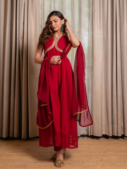 LABEL MAE - Red Anarkali with Pant and Dupatta (Set of 3)