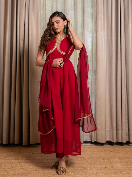 LABEL MAE Red Anarkali with Pant and Dupatta (Set of 3)