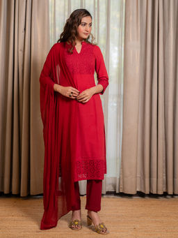 LABEL MAE - Schiffli Embroidered Cotton Kurta with Pant and Dupatta (Set of 3)