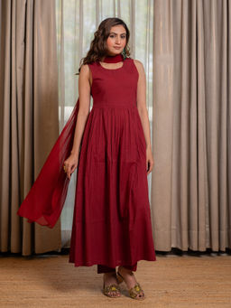 LABEL MAE - Maroon Aari Anarkali with Pant and Dupatta (Set of 3)