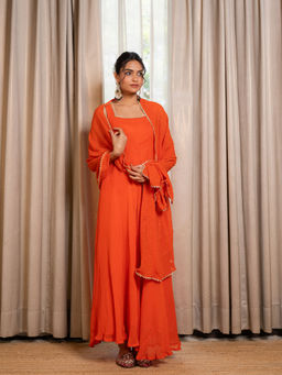 LABEL MAE - Orange Embroidered Georgette Anarkali with Dupatta (Set of 2)