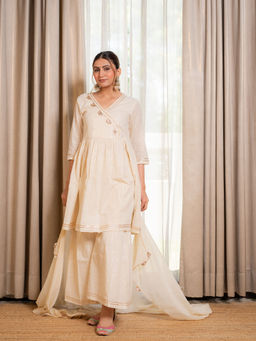 LABEL MAE - White Lurex Sharara with Kurta and Dupatta (Set of 3)