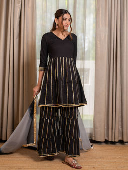 LABEL MAE - Black Gotta Lace Kurta with Sharara and Dupatta (Set of 3)