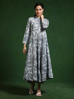Jaipur Kurti - Grey Floral Printed A-Line Pure Cotton Dress