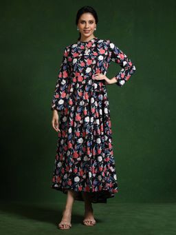Jaipur Kurti - Black Floral Printed A-Line Pure Cotton Dress