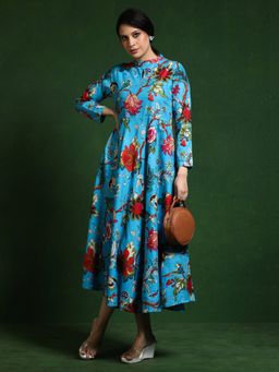 Jaipur Kurti - Blue Floral Printed A-Line Pure Cotton Dress