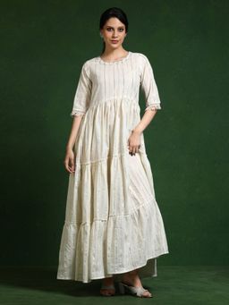 Jaipur Kurti - Cream Striped A-Line Pure Cotton Dress