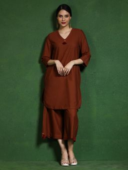 Jaipur Kurti - Brown Pure Cotton Solid Kurta and Palazzo (Set of 2)