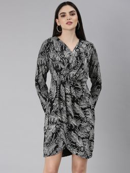 SHOWOFF - Women V-Neck Long Sleeves Wrap Tropical Black And Silver Above Knee Dress