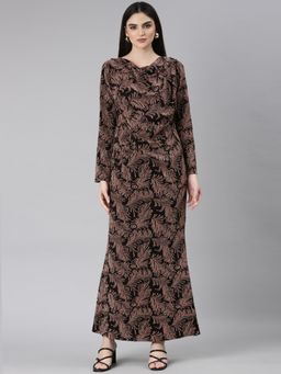 SHOWOFF - Women Cowl Neck Long Sleeves Tropical Copper Maxi Dress