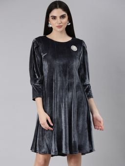 SHOWOFF - Women Round Neck Three Fourth Sleeves A-Line Solid Grey Above Knee Dress
