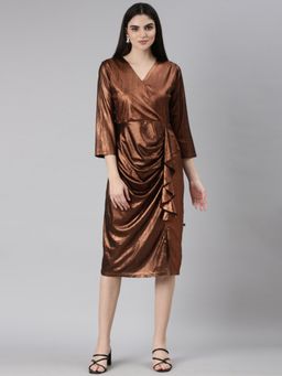 SHOWOFF - Women V-Neck Three Fourth Sleeves Solid Bronze Knee Length Dress