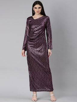 SHOWOFF - Women Asymmetric Neck Long Sleeves Geometric Mauve Maxi Dress