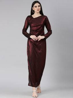 SHOWOFF - Women Asymmetric Neck Long Sleeves Geometric Red Maxi Dress