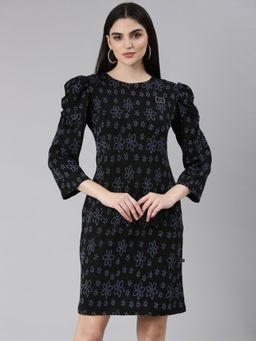 SHOWOFF - Women Round Neck Three Fourth Sleeves A-Line Floral Black Above Knee Dress