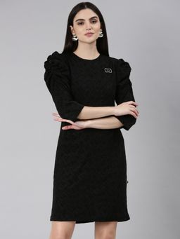 SHOWOFF - Women Round Neck Three Fourth Sleeves A-Line Self Design Black Above Knee Dress
