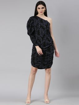 SHOWOFF - Women One Shoulder Long Sleeves Abstract Black Knee Length Dress