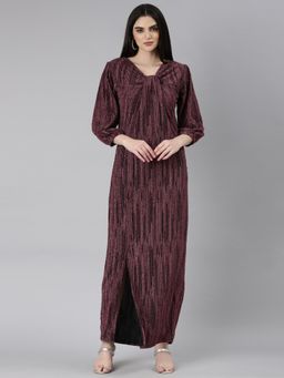 SHOWOFF - Women V-Neck Three Fourth Sleeves Striped Magenta Maxi Dress