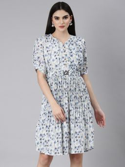 SHOWOFF - Women Sweetheart Neck Puff Sleeves Floral Blue Knee Length Dress (Set of 2)