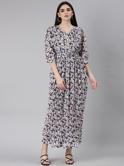 SHOWOFF - Women V-Neck Three Fourth Sleeves Floral Multi Color Maxi Dress