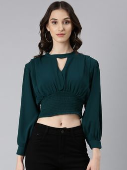 SHOWOFF - Women Solid Bishop Sleeves Green Blouson Crop Top