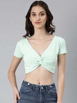 SHOWOFF - Women Solid Regular Sleeves Sea Green Blouson Crop Top