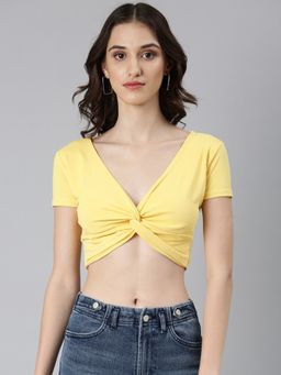 SHOWOFF - Women Solid Regular Sleeves Yellow Blouson Crop Top
