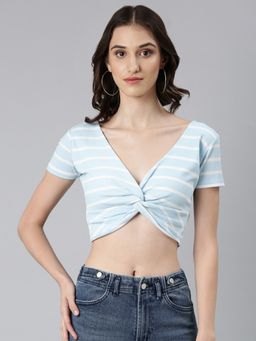 SHOWOFFFF - Women Horizontal Stripes Regular Sleeves Blue Blouson Crop Top