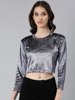 SHOWOFFFF - Women Shimmer Regular Sleeves Grey Crop Top