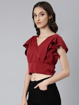 SHOWOFF - Women Solid Flutter Sleeves Maroon Styled Back Crop Top