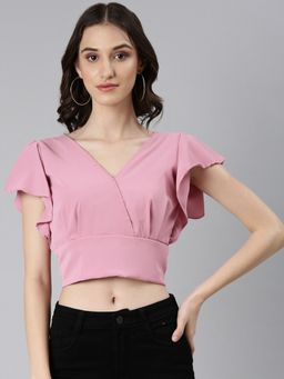 SHOWOFFFF - Women Solid Flutter Sleeves Pink Styled Back Crop Top