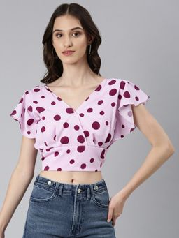 SHOWOFF - Women Polka Dots Kimono Sleeves Lavender Blouson Crop Top