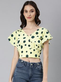 SHOWOFF - Women Polka Dots Kimono Sleeves Lime Green Blouson Crop Top