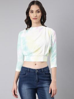 SHOWOFF - Women Tie & Dye Regular Sleeves Turquoise And White Blue Blouson Regular Top