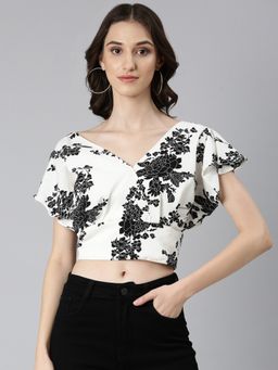 SHOWOFFFF - Women Floral Flutter Sleeves White Styled Back Crop Top