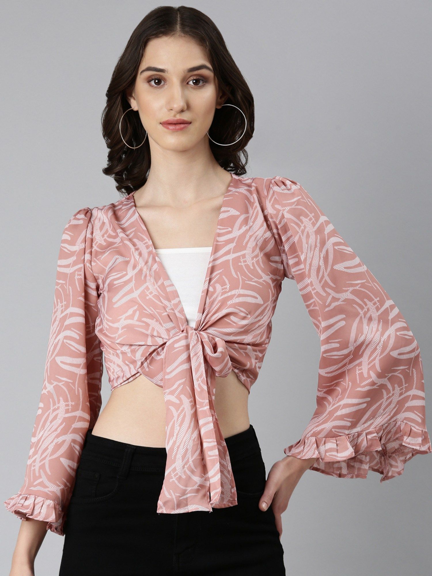 Buy SHOWOFFFF Women Abstract Bell Sleeves Peach Wrap Crop Top Online