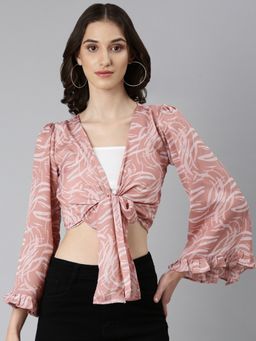 SHOWOFF - Women Abstract Bell Sleeves Peach Wrap Crop Top