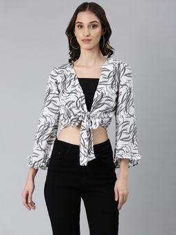 SHOWOFF - Women Abstract Bell Sleeves White Wrap Crop Top